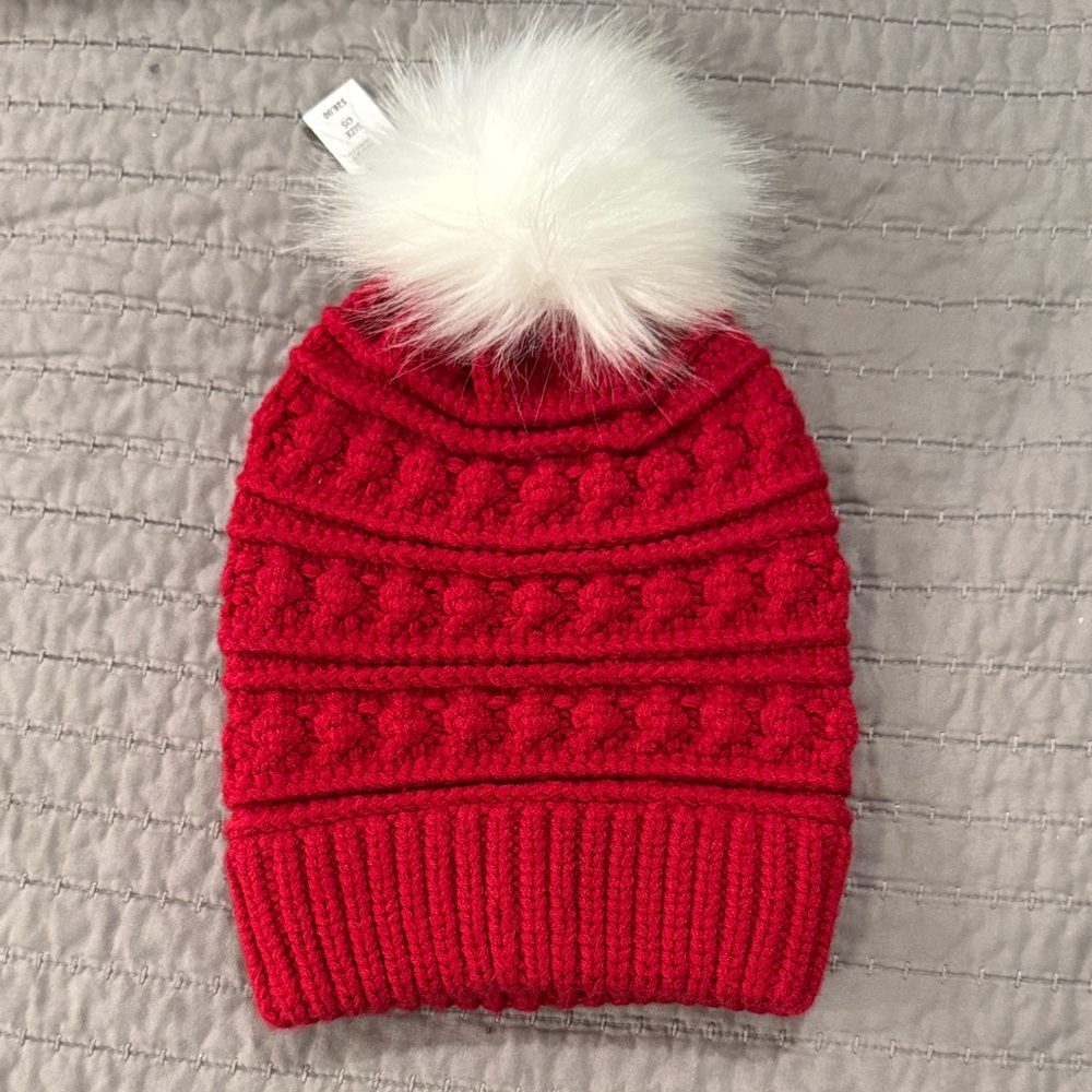 Anna & Ava Red Knit Beanie with White Pom-Pom